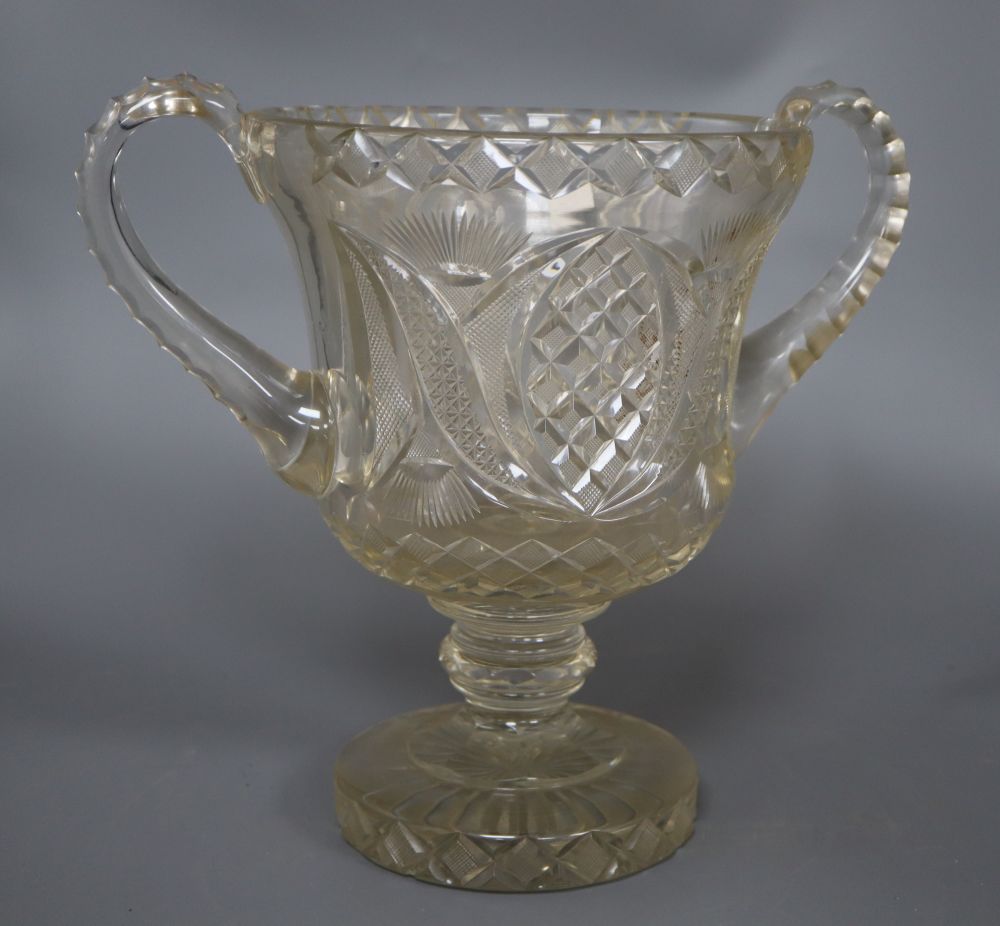 A large cut glass two handled vase, overall height 30cm